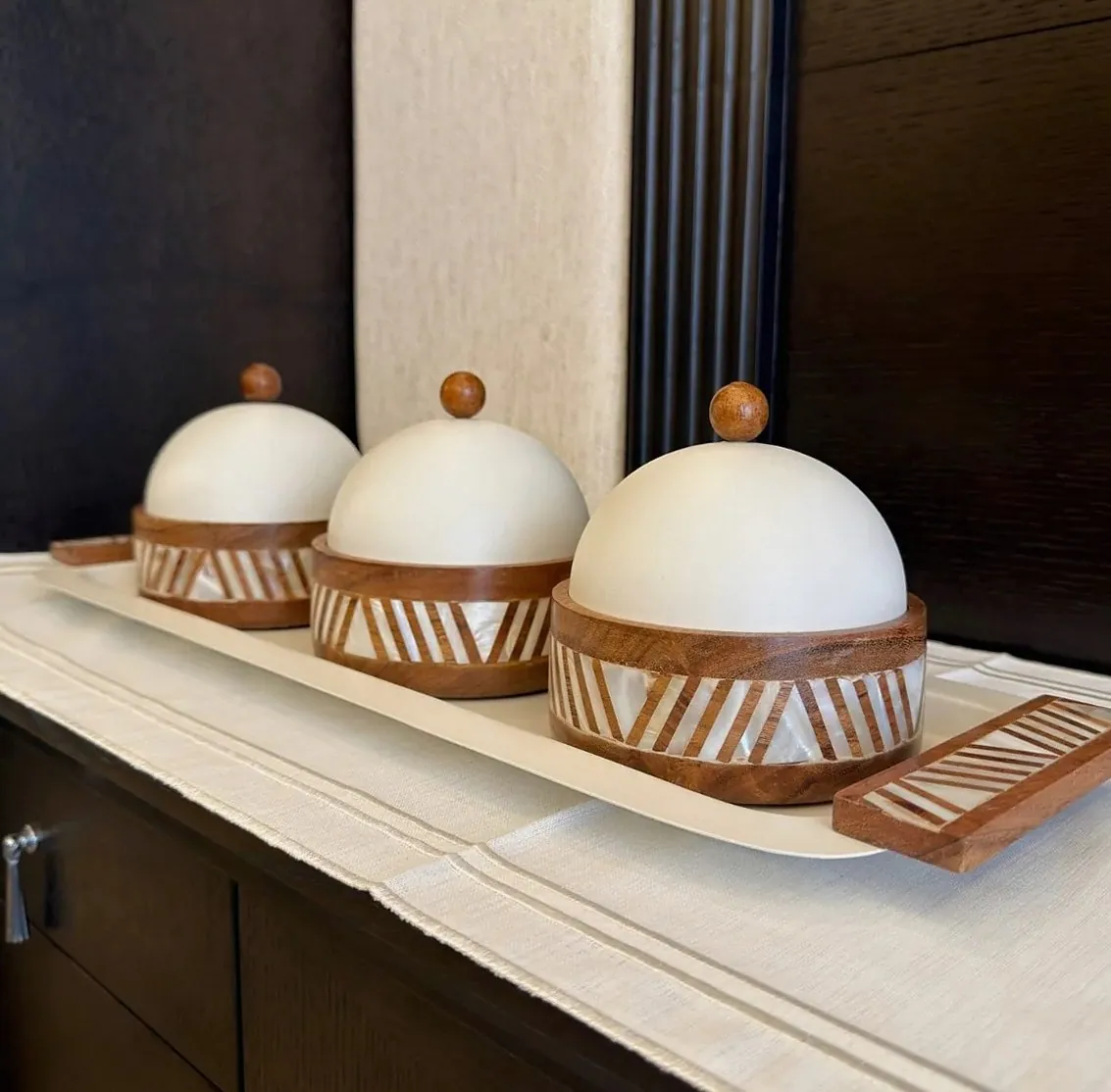 Triple Dome Cloche Serving Set with Pearl Inlay — 1